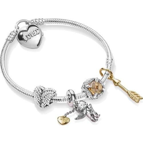 2019 NEW 100% 925 Sterling Silver Shining Love Cupids Arrow Grain Heart Shaped Stringe Bracelet Set Valentines Day Gift ZT0245