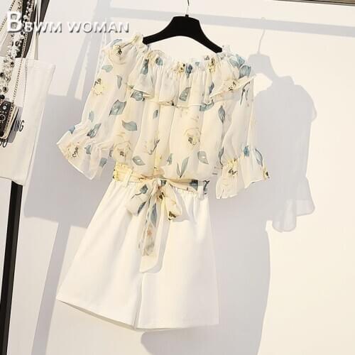 2019 Plus Size Summer Women Sets Leaf and Flower Blouse and White Shorts Female Sets