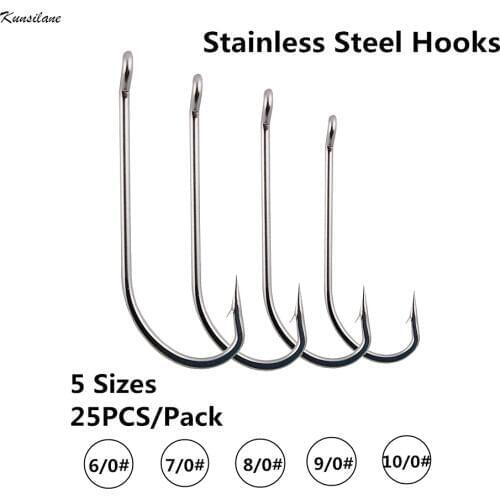 25pcs Fishing Hooks Stainless Steel Saltwater Long Shank Sharpened OShaughnessy Offshore Fish Hook Strong 6/0-10/0