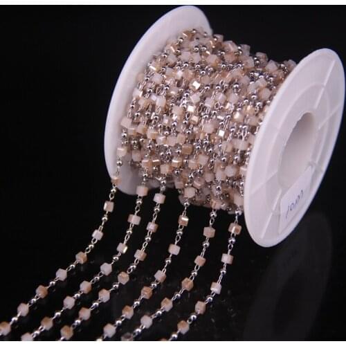 5Meter Light champagne Square Crystal Glass bead&Copper beads Plating Silver Chain, Wrapped Rosary Chain Bracelet Findings 2.5mm