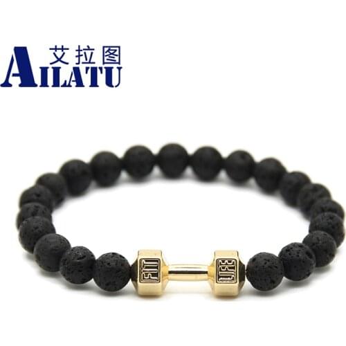 Ailatu Wholesale Men Jewelry Alloy Metal Barbell & Lava Rock Stone Beads Fitness Fashion Dumbbell Bracelet