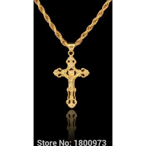 Gold Color Jesus Cross Pendant Necklace Women Men Unisex Christian Crucifix Fashion Jewelry Free shipping