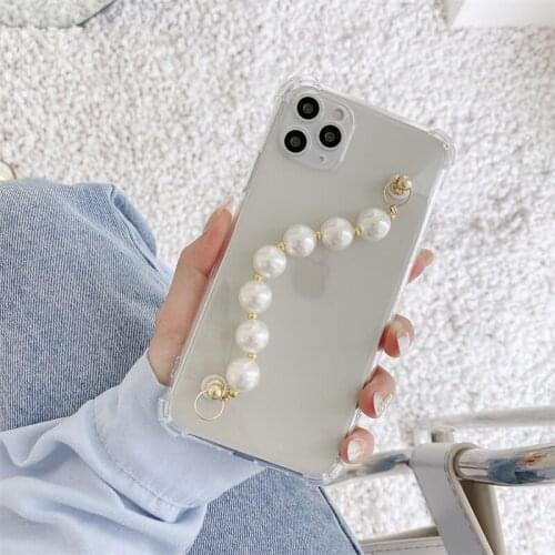 White Pearl Bracelet Wrist Chain Case for Samsung J3 J5 J7 2017 J4 J6 2018 S21 S20 FE Ultra S10 E Plus A51 A71 Clear Soft Cover