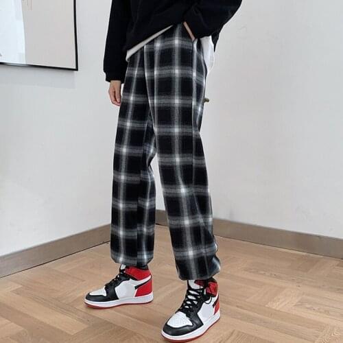 Black White Vintage Plaid Womens Pants Korean Fashion Wide Trousers Streetwear Elastic Waist Loose Wide Leg Pant for Women 2021