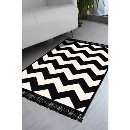 Çift Taraflı Kilim Paspas - Dalga Desen Siyah Beyaz - 60*90 cm