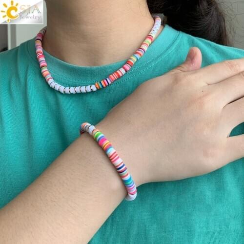 CSJA Bohemian Jewelry Sets for Women Bride Rainbow Polymer Clay Necklace Bracelet Set Round Disc Beads Boho Jewellery Gift S748