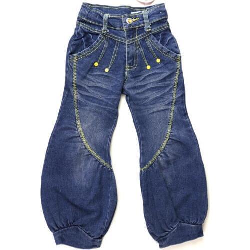 Child Denim Bloomers Teens Jeans yellow line embroidery Trousers 3 Crystal buttons dancing Pants Zipper hip hop MH0282