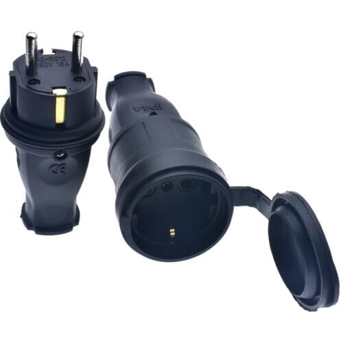 EU Rubber Waterproof Socket Plug Electrial Grounded European Connector With Cover IP44 For DIY Power Cable Cord 16A 250V