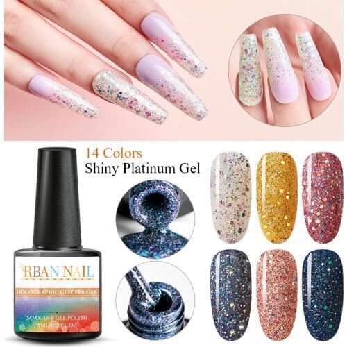 RBAN NAIL Holographic Glitter Nail Gel Polish 14 Colors Shine Bling Nail Art Decorations Soak Off Lacquer Manicure Varnish Set