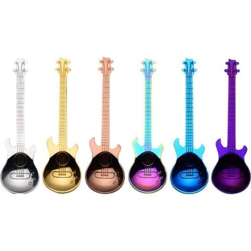 Hot YO-6 Pcs Coffee Teaspoons Guitar Spoon,Stainless Steel Colorful Dessert Spoon Musical Demitasse Spoon Cute Kitchen Utensil f