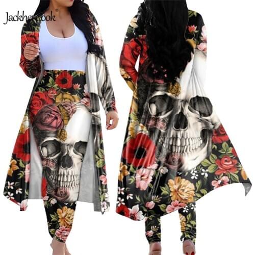 Jackherelook Vintage Rose Sugar Skull Print 2 Piece Set Women Cardigan Long Trench Tops And Bodycon Pant Suit Two Piece Outfits