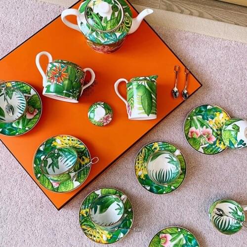 Coffee Set 15pcs Tropical Rainforest Series Three-dimensional Flower Pattern Bone China Tableware With 6pcs Spoons Big Tea Pot