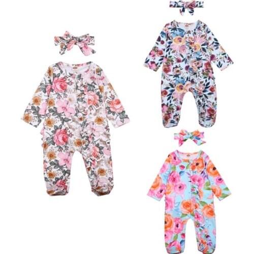Newborn Baby Girl Footed Playsuit Floral Print One Piece Jumpsuit Sleeper with Headband Baby Rompers Girls Clothes