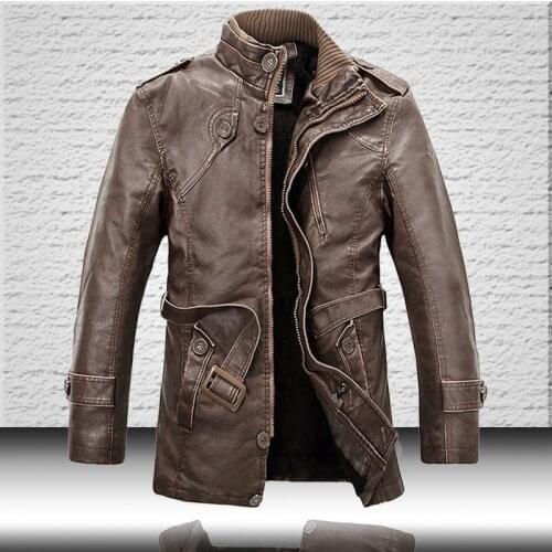 Leather Jacket Men Winter Fleece Motorcycle PU Leather Jackets Stand-collar Slim-fit Mens Jacket Retro Warm Windbreaker Men