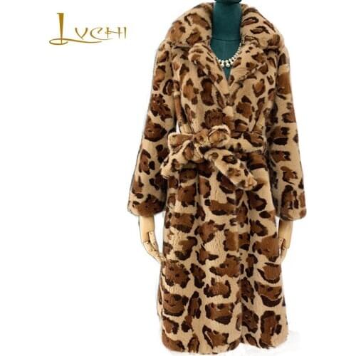 LVCHI 2019 Winter New Velvet Mink Fur Coat Women Turn-Down Collar Real Fur Coat Leopard Pattern Long With Sashes Mink Fur Coats