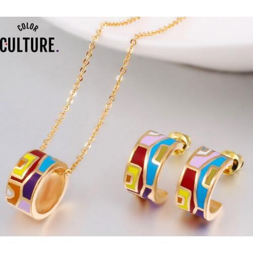 New Brand Exclusive Color Costume Enamel Jewelry Sets for Women Elegant Classic Enamel Jewelry Mother Gift(Necklace, Earring)