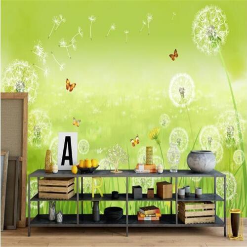 Beibehang wallpaper green cartoon butterfly flower grass background wall background village forest hut night oil painting TV