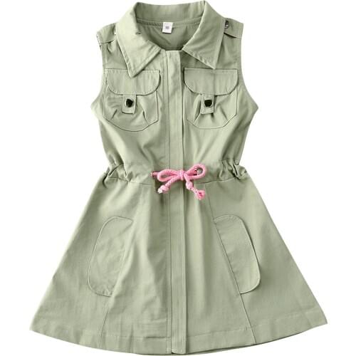 1-7Y Summer Lovely Toddler Baby Girls Dress Coat Jacket Green Solid Sleeveless Zipper A-Line Sundress