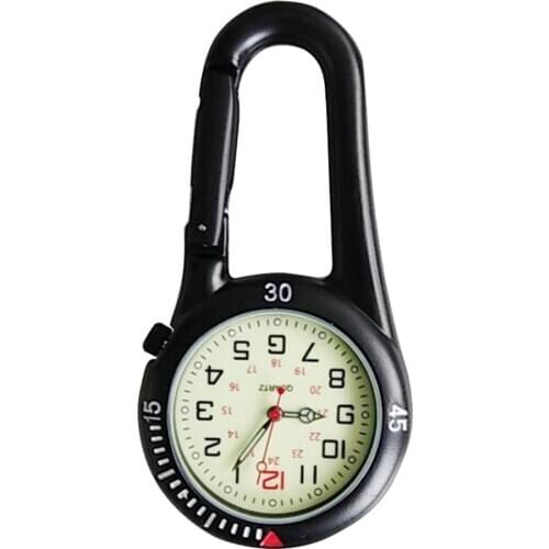 Outdoor Mini Round Dial Arabic Numbers Quartz Analog Clip Carabiner Hook Watch