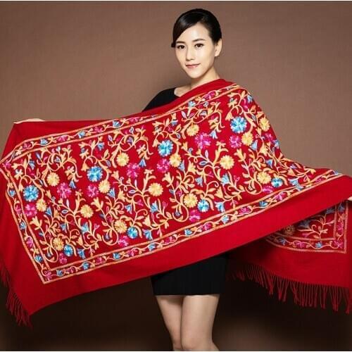 Burgundy Women Pashmina Embroidery Flower Shawls Autumn Spring Winter Mantilla Soft Bufanda With Tassels Long Muffler 200*70cm