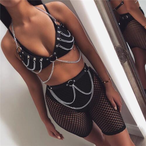 Gothic Black Faux Leather Rivet 2 Pcs Garters Sexy Halter Cage Bra Harness Adjustable Suspender Belts Summer Chic Clubwear