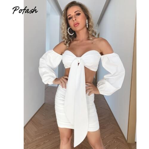 Pofash White Solid Bow Two Pieces Outfits Women Backless Sexy Party Club 2 Pieces Set Long Sleeves Tops And Skirts 2021 Vestidos