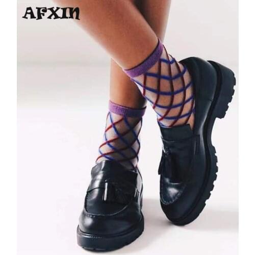 Sheer Socks Women Summer Fashion Diamond Plaid Transparent Short Socks Korea Style Harajuku Patchwork Mesh Funny Socks Women
