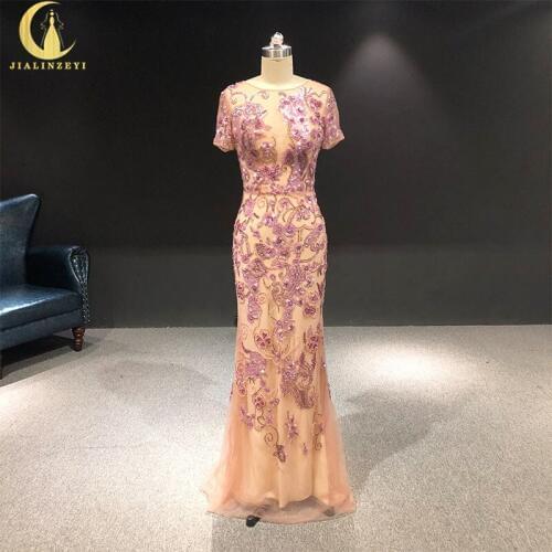 Rhine real Pictures Short Sleeves FUll Beads and Crystal Mermaid Formal dress prom dresses arabic evening dresses long 2020