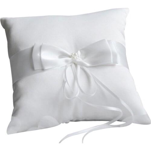 Double Bow Ribbon Pearls Romantic Ring Pillow Bridal Wedding Ceremony Pocket Ring Pillow Cushion Bearer with Ribbons Decoration