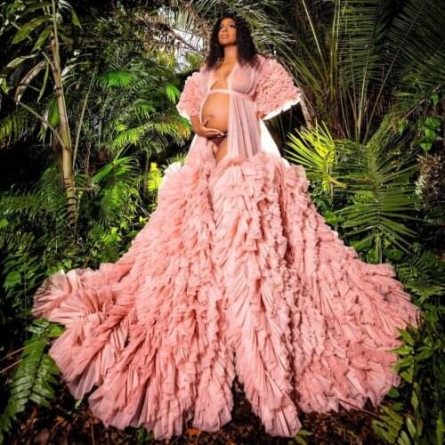 Blush Pink Pleated Tulle Maternity Dresses For Photo Shoot Puffy Half Sleeves Plus Size Tulle Robes Baby Shower Gowns Long