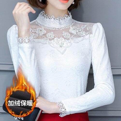 Winter Fall Fashion Women Ladies White Black Stand Collar Lace Patchwork Fleece Warm Tee Shirts Tops , Spring Woman 5xl T Shirt