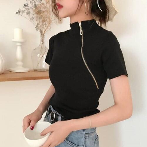 Summer Casual Slim Knitted Short Sleeve Half Collar T-Shirt Womens Korean Style Solid Color Stripe Vertical Collar Top