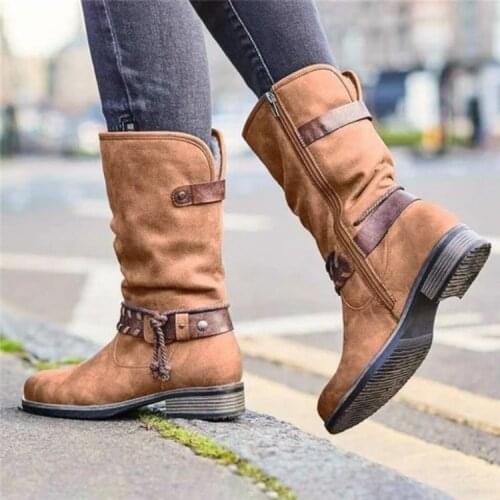 2021 Womens Boots Retro Buckle Leather Boots Handmade PU Leather Mid-calf Booties Women High Cowboy Boots Fashion Casual Shoes