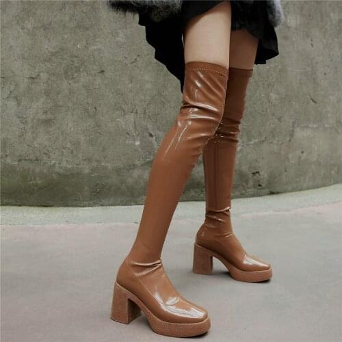 Thigh High Shoes Women Slip On Patent Leather Over The Knee High Motorcycle Boots Female Chunky High Heels Platform Pumps Shoes