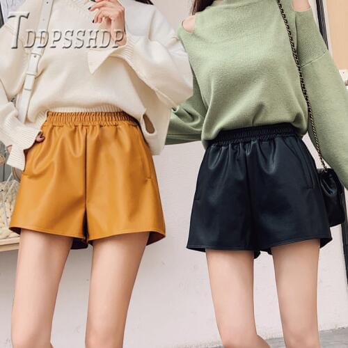 2019 Autumn New Pu Leather Women Shorts Black And Orange Color Elastic Waist Female Shorts