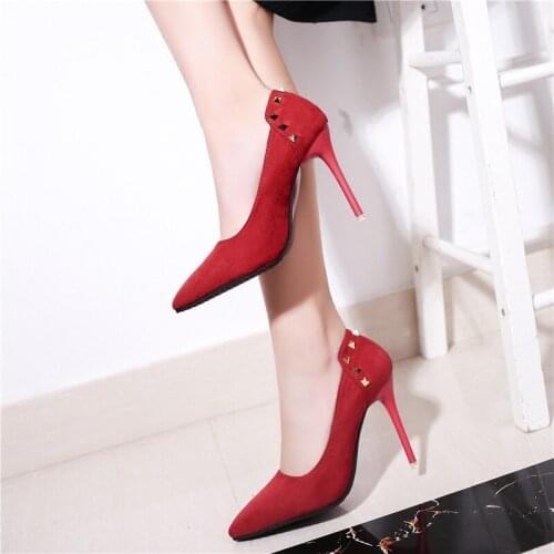 2021 new all-match solid color stilettos fashion pointed shallow mouth suede rivet single shoes large size womens shoes