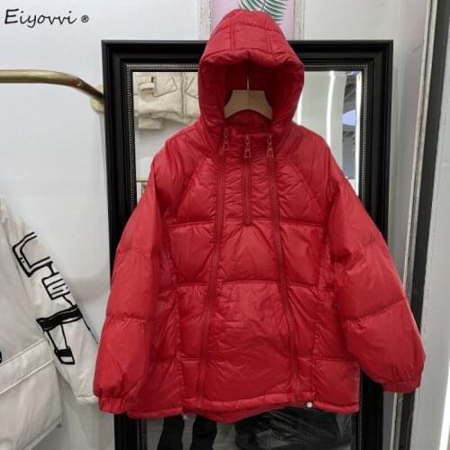 Womens Down Jacket Winter 2021 Fashion Pullover Light White Duck Hooded Loose Solid Color Zipper Female Jackets Warm Coat