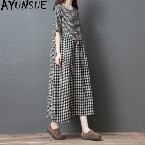 AYUNSUE 2020 Spring Summer Plaid Dress Women Long Cotton Linen Dress Casual Plus Size Dresses Korean Vestido Vintage KJ4678