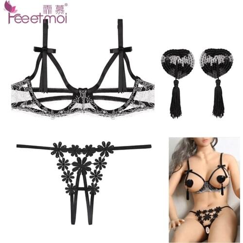 Women Sexy Lingerie-Open Cup Crotchless Sexy Bra and Panty Set with Tassel Nipple Sticker
