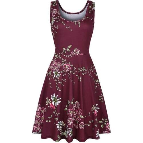 Summer New Fashion Women Sleeveless O-neck Floral Printed Party Chic Knitting Pullover Wine Big Hem Dress