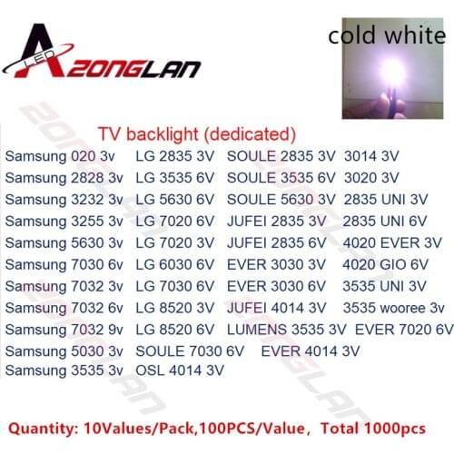 1000pcs/lot 1W-2W SMD LED Kit 3V/6V 2835/3030/2828/3535/5630/7020/7030/4020/4014/7032 Cold white For TV Backlight Beads 10*100LG