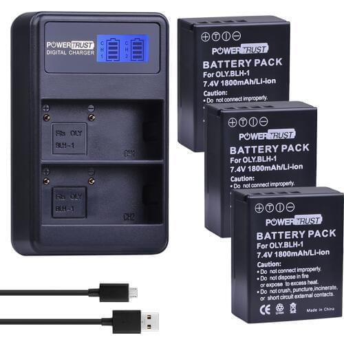 PowerTrust 3Pcs BLH-1 BLH1 BLH 1 Replacement Li-ion Battery and LCD USB Dual Charger for Olympus E-M1 Mark II Camera
