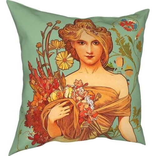 Alphonse Maria Mucha Floral Pillow Cover Home Decorative Cushion Cover Throw Pillow for Living Room Polyester