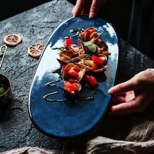 KINGLANG Japanese Creative Ceramics Deep Blue Oval Sushi Dessert Wasabi Fish Tray Plate Tableware