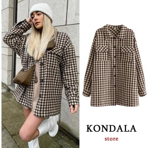 KONDALA Za Office Lady Women Blazer Plaid Vintage Oversized Long Jackets Women Spring Fashion 2021 Mujer Outwear Streetwear Chic