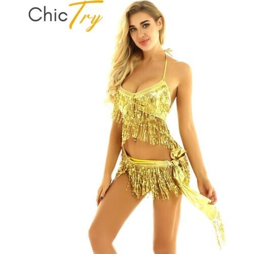 ChicTry Women Shiny Sequins Tassels Halter Bra Tops with Hip Scarf Wrap Skirt Set Carnival Rave Performance Belly Dance Costume
