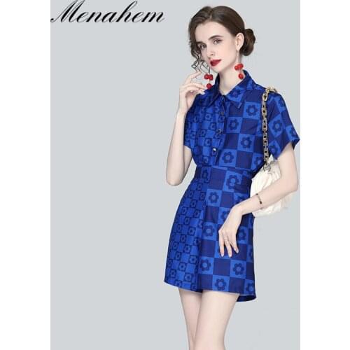 Menahem 2021 Summer Floral Blue Twinest 2 Pieces Sets Women Short Sleeve Shirts Blouses + High Waist Pocket Wide Leg Shorts Suit