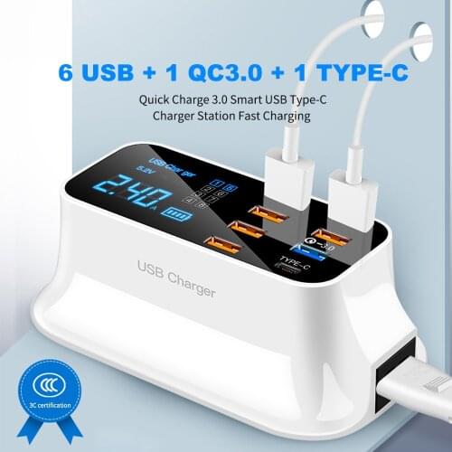 40W 8 Port USB Type C Charger Phone USB Charger Wall Quick Charge 3.0 Fast Charging Desktop Socket Adapter Station LED Display