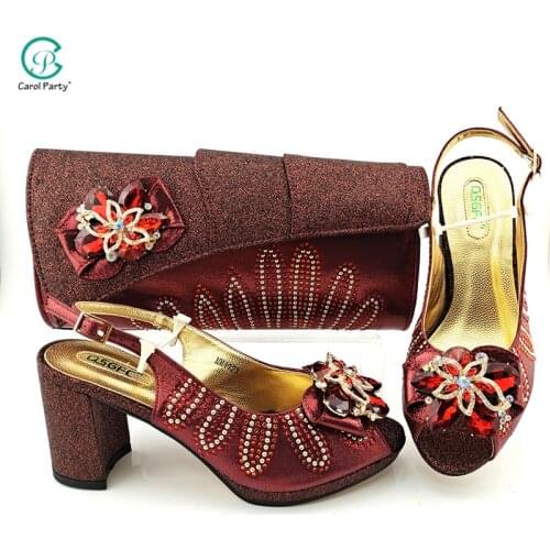 Nigeiran 2021 New Arrival Italian Design Fashion Flower Crystal Decoration Style Elegant Party Shoes and Bag Set in Wine Color