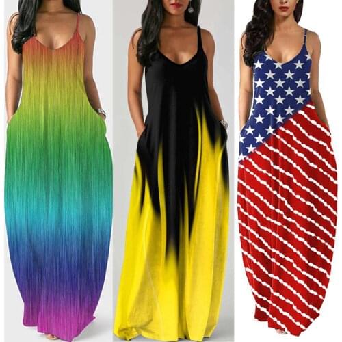 Sundresses Women Casual Plus Size Gradient Tie dye Print O-Neck Pockets Sleeveless Maxi Long Dress jurken zomer 2021 dames N